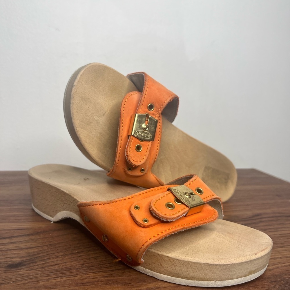 VTG Dr. Scholl’s The Original Wood Sole Sz 6 Orange Sandals Y2K Made in Italy